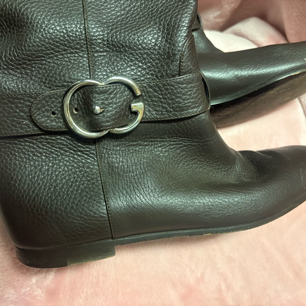 Gucci Dark Brown Leather Mid-Calf Heeled Boots with Silver Buckle - Picture 10 of 12